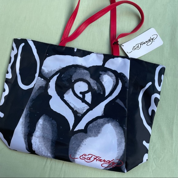 Ed Hardy White Rose Tote Bag with red straps - NWT - Picture 2 of 7
